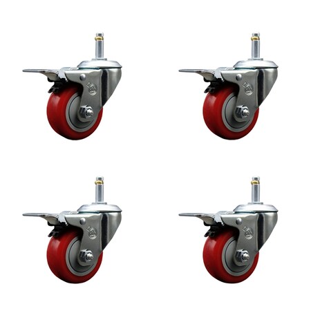 Service Caster 3'' Red Polyurethane Swivel 7/16'' Stem Caster Set with Total Lock Brake, 4PK SCC-GRTTL20S314-PPUB-RED-716138-4